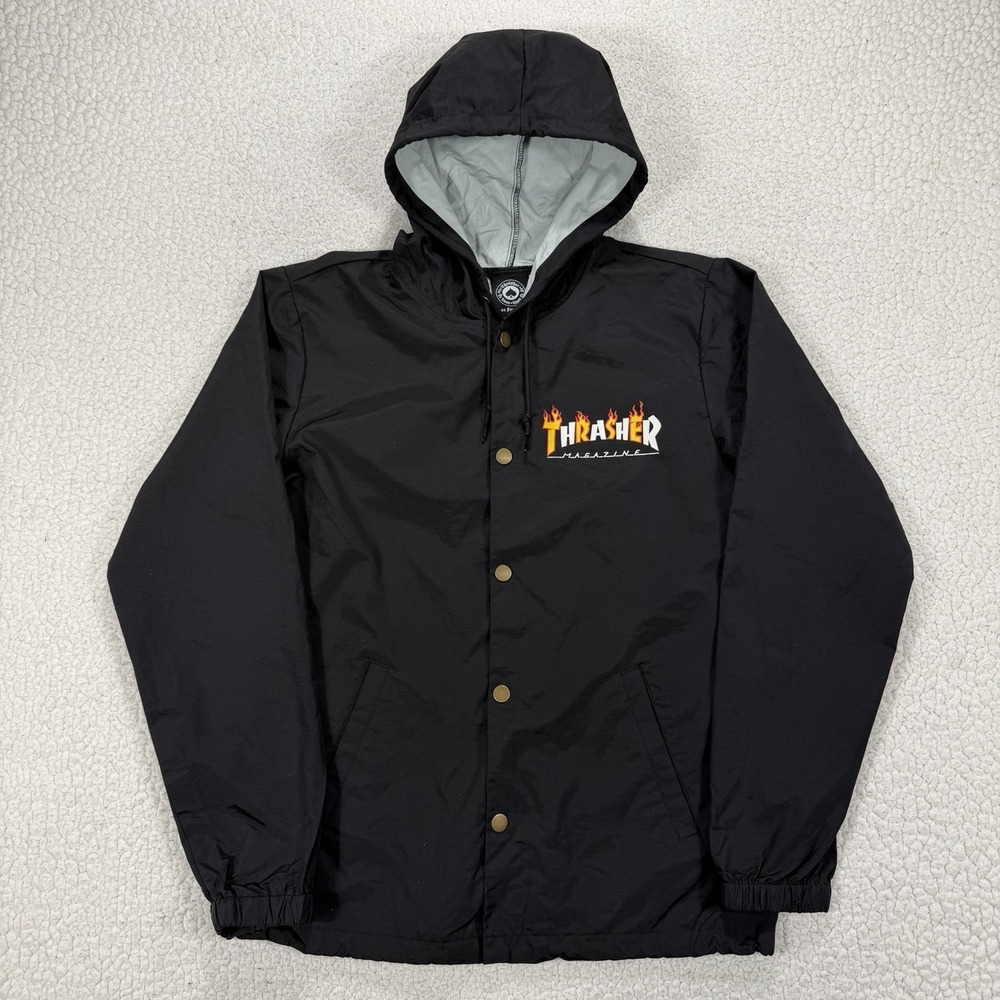 Thrasher Magazine Hooded Coach Jacket Men's M Black Skate Streetwear Windbreaker